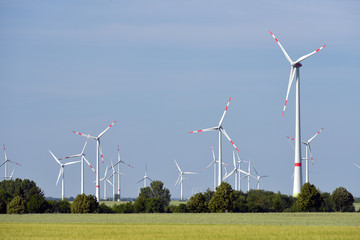 renewable energies - power generation with wind turbines in a wind farm 