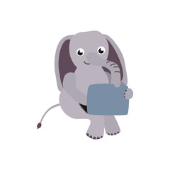 Cheerful elephant kid animal sitting typing at laptop lying at his knees. Cute pets characters and modern computer technologies and communication. Vector cartoon illustration