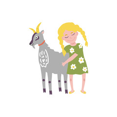 Flat teen girl hugging goat domestic pet standing together. Female kid character emracing adorable funny animal. Vector isolated illustration
