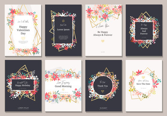 Beautiful banners with flowers and gold geometric elements. Frame templates. Vector illustration. - obrazy, fototapety, plakaty