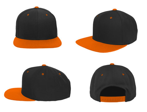 Blank baseball snap back cap two tone color black/orange on white background