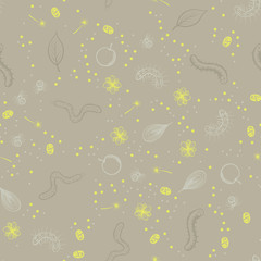 Abstract seamless pattern with insects, caterpillars, spiders, leaves, flowers. Vector template