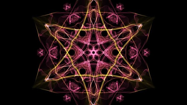 Hexagonal orange mandala with tunnel motion, abstract video in orange, red and yellow, nice symmetric shape, 4k video