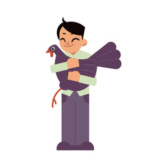 Kid boy hugging black turkey - flat cartoon character of caucasian child embracing domestic bird isolated on white background. Vector illustration of farm animals care.