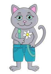 Funny cat smiling and holding a flower