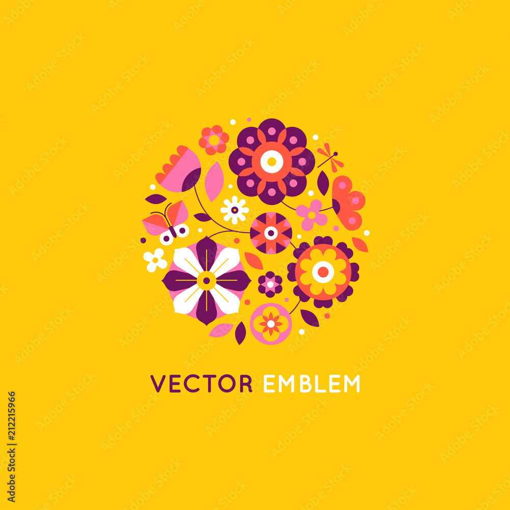 Poster Vector illustration in simple flat geometric and linear style in bright colors - decorative flowers and leaves in circle shape