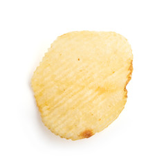 Single potato chip on white background close-up.