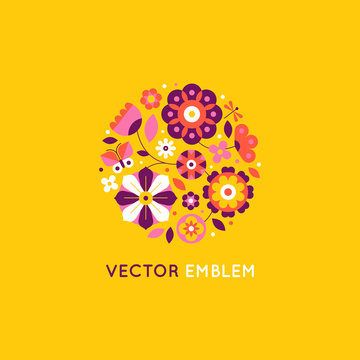 Vector illustration in simple flat geometric and linear style in bright colors - decorative flowers and leaves in circle shape