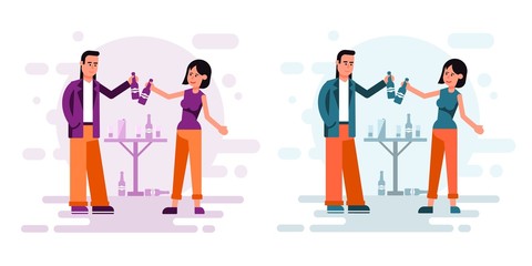 Couple of men and women drink beer in a friendly atmosphere. Flat cartoon style