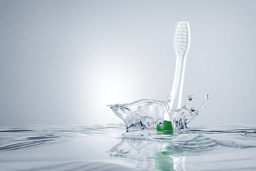 3d render toothbrush falls into water splash on background