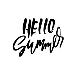 Hello summer hand drawn lettering for your design. Vector illustration isolated on white background. Modern dry brush inscription.