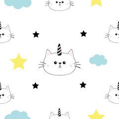 Cat unicorn horn head, hands. Cloud, star shape. Cute cartoon kawaii character. Baby pet collection. Seamless Pattern Wrapping paper, textile template. White background. Flat design.