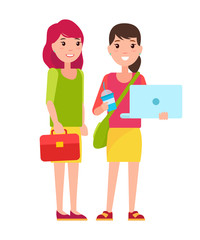 Fototapeta premium Two Students Girls in Cartoon Style Smiling, Woman