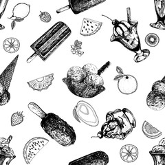 Seamless pattern of hand drawn sketch style ice cream and tropical fruits isolated on white background. Vector illustration.