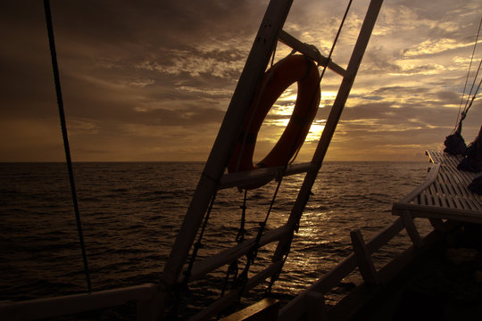 The Ocean View From The Bow Of A Sailing Ship On The Beautiful Sunsets