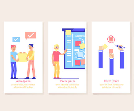Scrum board proccess - agile methodology to manage project on vertical banners in flat style. Team work on achieving of business goal with visual planning in flat vector illustration.