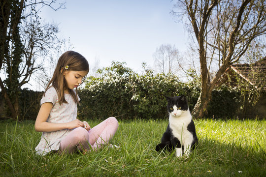 Little girl sitting on a meadow besides cat picking daisies