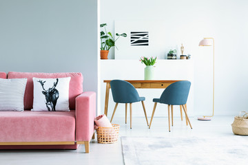Real photo of an open space flat interior with a pink couch in the living area and a wooden table with gray chairs in the dining space