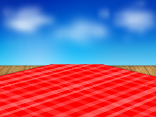 template for your design. Table with red tablecloth on the sky background with clouds. Realistic style. Vector illustration.