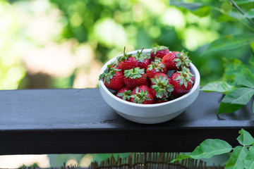 food, berries, strawberries, white, bowl, natural lighting, background, nature, garden, fresh, wooden railing, old wood, rustic style