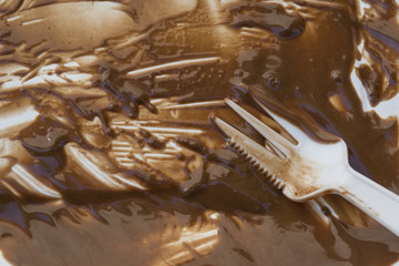 White empty dish with messy chocolate stain