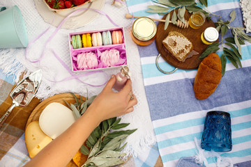 Flat lay layout with macaroons cakes