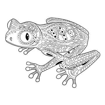 Coloring page with frog in zentangle style.