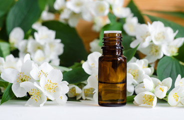 Fototapeta na wymiar Small bottle of essential jasmine oil. Jasmine blossom flowers background. Copy space. 