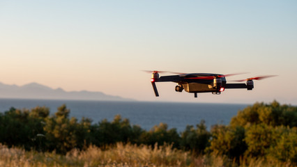 little drone hovering at coastline Zakynthos