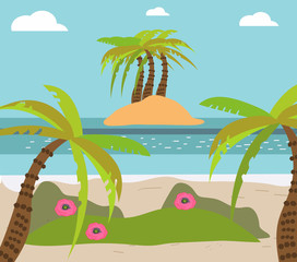 Palm and tropical beach, island, exotic flowers, flat vector