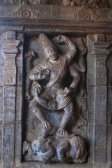 Shiva dancing on apasmara, the death. Niche on the right side, northern mukha-mandapa, Virupaksha temple, Pattadakal temple complex, Pattadakal, Karnataka