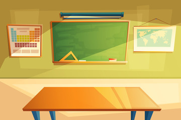 Vector school classroom interior. University, educational concept, blackboard and table. College furniture for students, pupils. Training place illustration