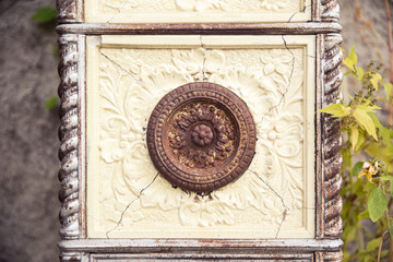 Cracked Vintage Cast Iron Stove Outdoors Home Decoration.