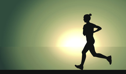 Fototapeta na wymiar Silhouette of a running woman. Symbol of healthy lifestyle. Young woman runs on the seaside. The sun sets or rises on the horizon. Vector illustration