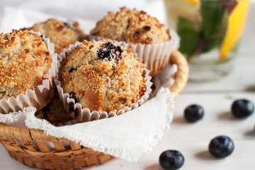 Blueberry muffins in wicker basket