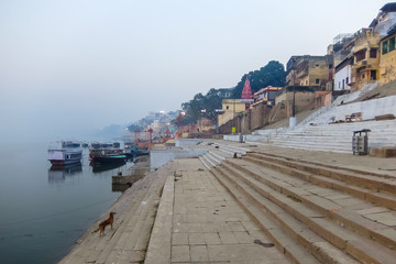 Varanasi, India. Boats on the ghats of Varanasi.