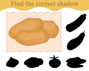 Education. Game for kids. Find the correct shadow of potatoes. Vector illustration.