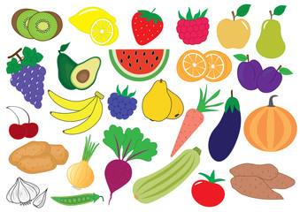 Fruits, berries and vegetables cartoon, icon. Set. Vector illustration