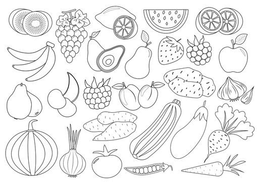 Coloring book (page). Fruits, berries and vegetables cartoon, icon. Set. Vector illustration