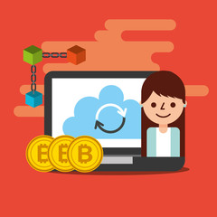 business woman laptop cloud refresh bitcoin blockchain
