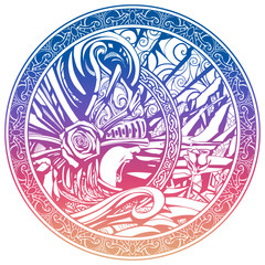 circle with the image of a screaming Valkyrie