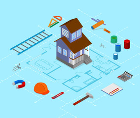 Building and repair of house. Isometric illustration.