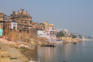 Varanasi, India. Boats on the ghats of Varanasi.