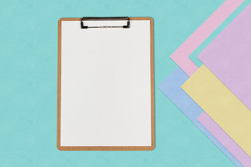 Clipboard with white sheet on pastel color background, Minimal concept