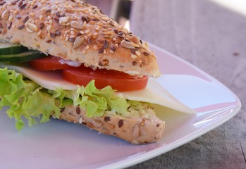 Sandwich mit Käse, Tomaten und Salat auf einem weißen Teller