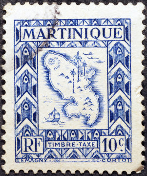 Old map of Martinique on postage stamp
