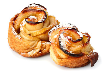 Home baking.Homemade Apple rose cake with sugar powder.