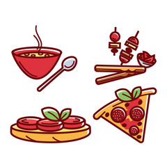 Pizza and meat dishes icons set vector illustration