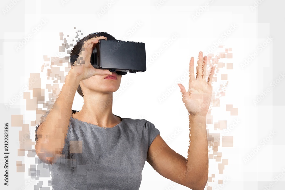 Poster Digital composite of woman with a virtual reality simulator