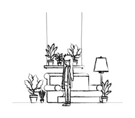 woman in the living room with houseplants scene vector illustration design